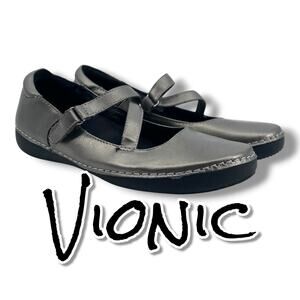 Vionic Judith Mary Jane Flats 7 M Pewter Metallic Leather Orthaheel Comfort
